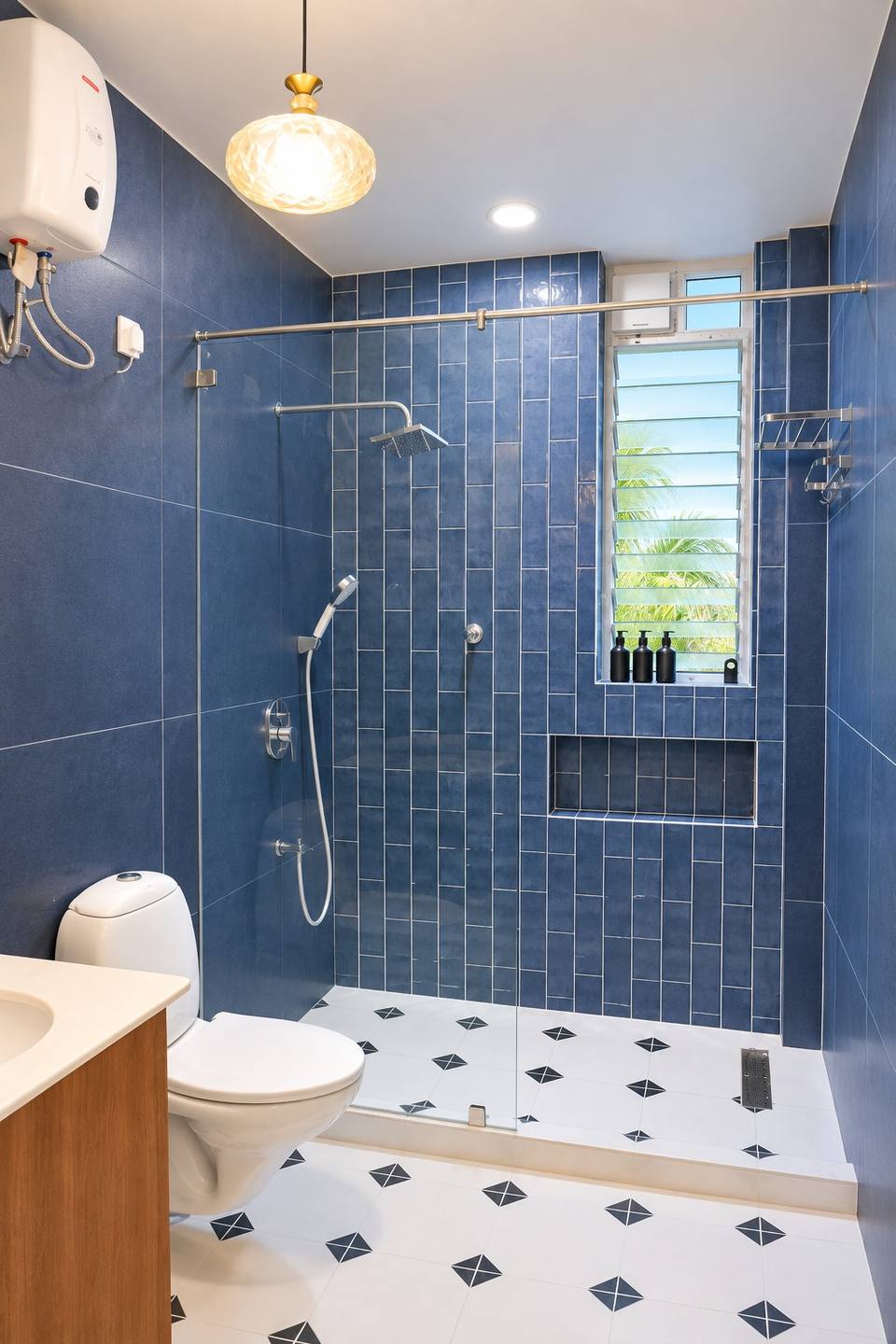 Blue bathroom with rain shower