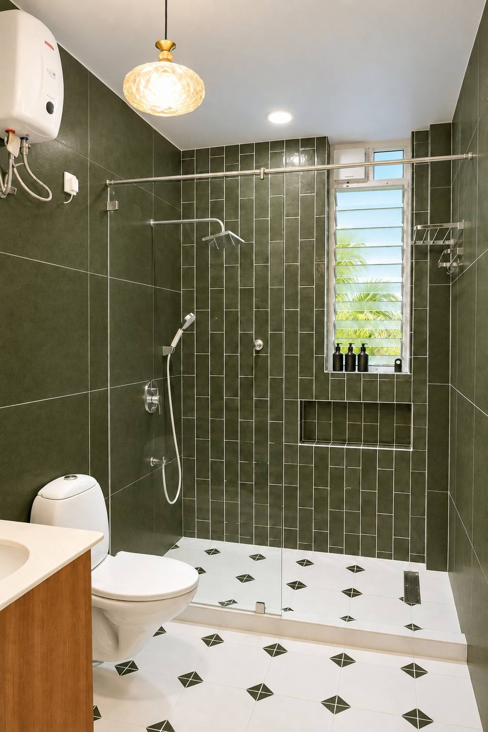 Green bathroom with rain shower