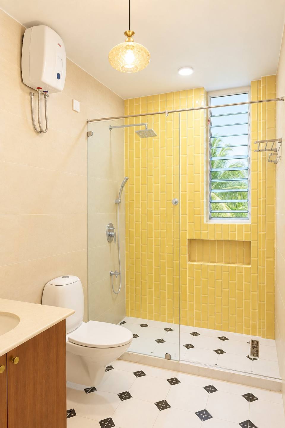A bathroom with a rain shower