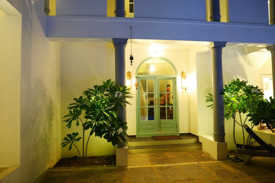 The front entrance at night