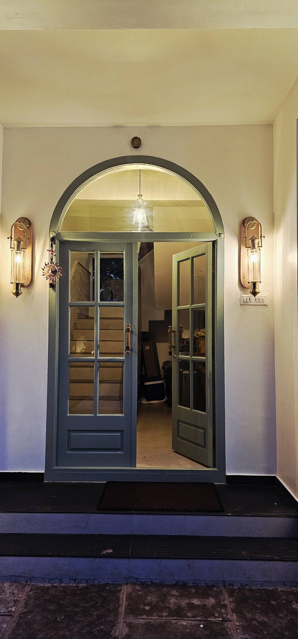 The front door at night