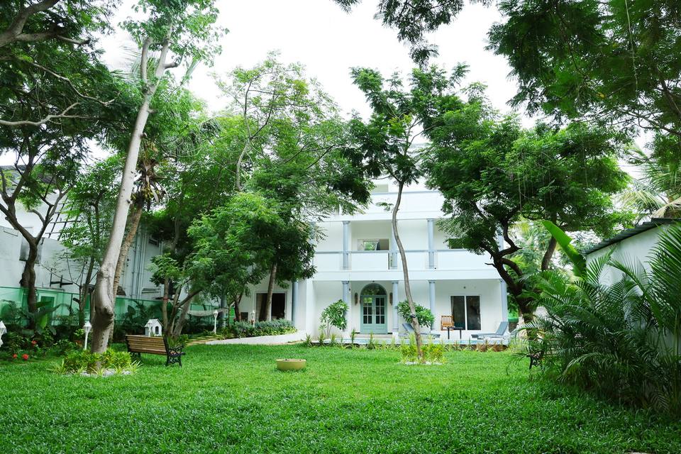 The villa across the front lawn