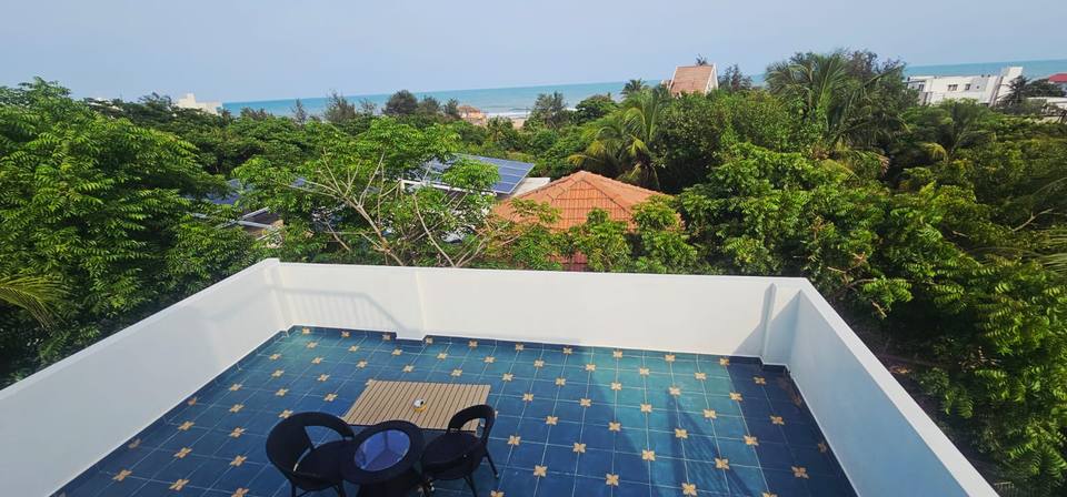 The rooftop terrace, looking out to the sea
